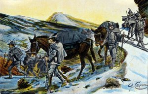 Première Guerre mondiale : groupe de chasseurs alpins italiens en reconnaissance avec leurs mules en 1915. Illustration par Quinto Cenni - Quinto Cenni