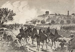 Soldats italiens à cheval se déplaçant de Copreno à Cermenate, Italie, gravure d