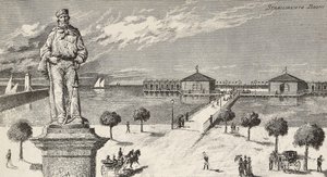 Monument à la mémoire de Giuseppe Garibaldi (1807-1882), homme politique et patriote italien, et établissement de bains en arrière-plan, Cesenatico, Italie - Quinto Cenni