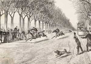 Trois officiers de la résistance participant à une course de chevaux, troisième régiment de Savoie, entre Milan et Monza, Italie, gravure d