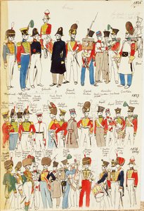 Divers uniformes, datant de 1826 à 1829. Planche en couleur par Cenni Quinto - Quinto Cenni