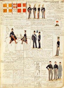 Divers uniformes du Royaume de Sardaigne, planche en couleur par Quinto Cenni