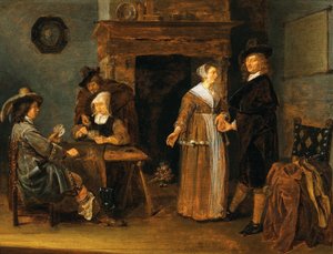 French : "Société décontractée", deux femmes et trois hommes à la table de cartes Interior with card players - Quirijn van Brekelenkam