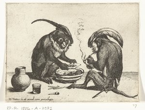 Deux singes fumant une pipe Divers métiers de la vie humaine représentés par des singes (titre de la série) le Jeu des singes dans le monde (titre de la série)