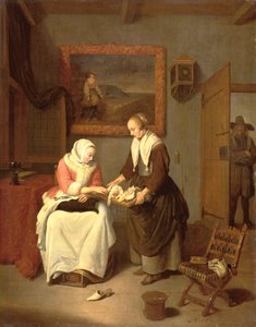 Intérieur avec une dame choisissant du poisson