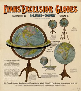 Affiche publicitaire pour des globes avec représentations de 5 globes et du texte descriptif - R. O. Evans And Company