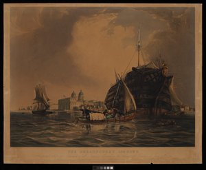 Le Dreadnought 104 canons, navire-hôpital pour marins de toutes nations, amarré sur la Tamise au large de Greenwich, 20 juin 1831 - R. W. Price