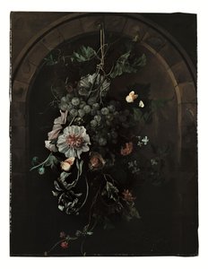 Une guirlande de raisins, roses trémières, iris, mauves, soucis africains, clématites, marrons d