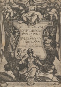 Frontispice avec un trompettiste sonnant des trompettes assis sur un cartouche flanqué de tr..., 1606
