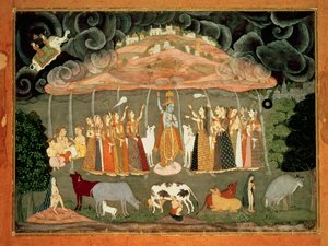 Krishna soutenant le mont Govardhana par Ustad Sahibdin, Bikaner