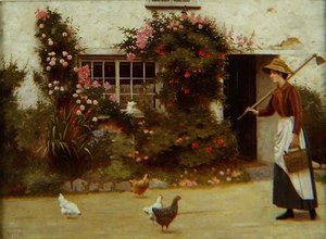 Jeune fille avec une houe devant un cottage