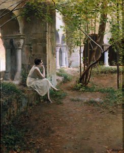 Jeune femme méditant dans un cloître