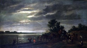 Une calèche et des chevaux entrant dans un bac sur la rivière Leck en Hollande la nuit - Ramsay Richard Reinagle