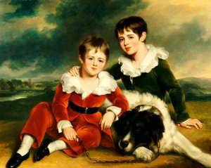 Portrait de deux garçons avec leur chien Terre-Neuve