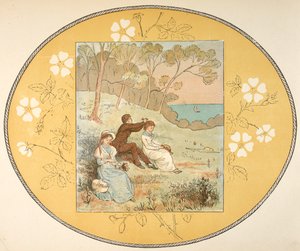 Deux femmes et un homme assis dans une clairière près de la côte. Bordure florale. - Randolph Caldecott