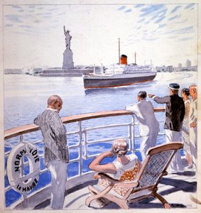 Transport. Marine. Arrivée du transatlantique Le Normandie dans le port de New York. Illustration de Raoul du Gardier