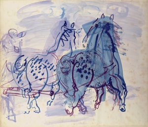 Chevaux de trait bleus (gouache sur papier)