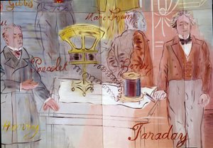 La Fee Electricite, détail : Portraits de Jean Victor Poncelet, Marc Seguin, Michael Faraday. 1937 (peinture)