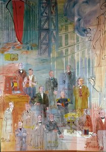 La Fee Electricite, détail : Portraits de différents intellectuels et scientifiques : Antonio Pacinotti, Zenobe Gram, Josiah Willard Gibbs, Charles Algernon Parsons, Marc Seguin, Auguste Camille Rateau, Jean Victor Celet et Michael Faraday. 1937 (peinture)