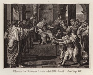 Carton de Raphaël : Elymas le Sorcier frappé de cécité, Actes, Chap XIII (gravure)