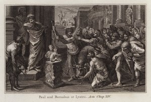 Carton de Raphaël : Paul et Barnabas à Lystre, Actes, Chap XIV (gravure) - after Raphael