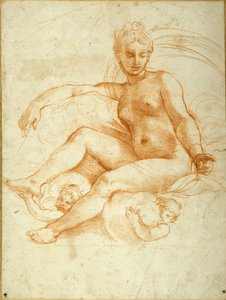 Vénus assise sur des nuages pointant vers le bas