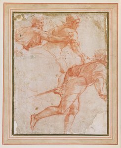 Un soldat courant à droite et deux cavaliers avec les bras tendus - Raphael