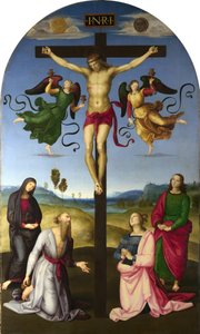 Le Christ crucifié avec la Vierge Marie, des saints et des anges
