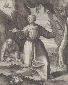 Saint François agenouillé les bras étendus, regardant vers un chérubin en haut à gauche, 1599