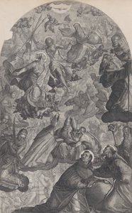 La vision de Saint Dominique, avec Dieu le Père et le Christ au centre supérieur, la Vierge debout
