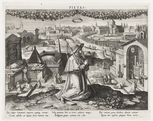 Pietas comme personnification de la piété (Belangrijkste bezigheden van een prins) (Schema, seu speculum principum) - Raphaël Sadeler (I)