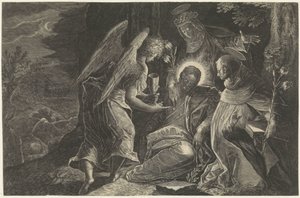 Christ réconforté par un ange à Gethsémani, avec Saint Dominique et Sainte Catherine de Sienne