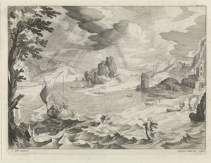 Zeegezicht met Christus en zijn leerlingen in de storm op het meer van Galilea - Raphaël Sadeler (II)