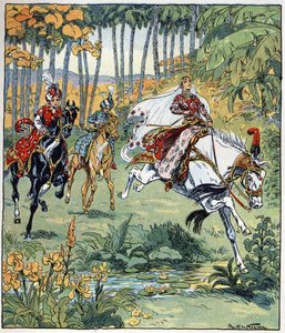 Parizade dépasse ses frères Bahman et Pervis dans la course de chevaux. Illustration de Raymond de La Neziere pour le conte 