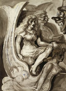 Des cavaliers dans un bateau-tunnel de sirène : Une aquarelle recto-verso - Reginald Marsh