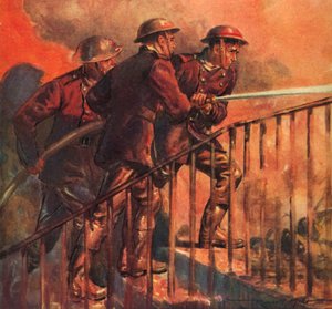 Pompiers britanniques du Service national des incendies en temps de guerre combattant un incendie pendant le Blitz, Seconde Guerre mondiale - Reginald Mills
