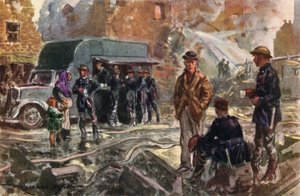 Pompiers du Service national des incendies britannique en temps de guerre utilisant une cantine mobile pendant le Blitz, Seconde Guerre mondiale