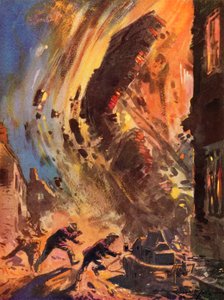 Pompiers du service national des incendies britannique en temps de guerre fuyant un bâtiment en effondrement pendant le Blitz, Seconde Guerre mondiale