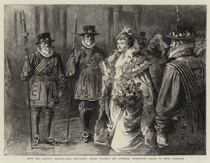 Après le Drawing-Room de Sa Majesté, les débutantes traversant le Vestibule, Buckingham Palace, pour se rendre à leur carrosse (gravure) - Reginald Thomas Cleaver