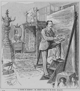 Le peintre anglais préraphaélite Herbert Schmalz au travail dans son atelier (gravure)