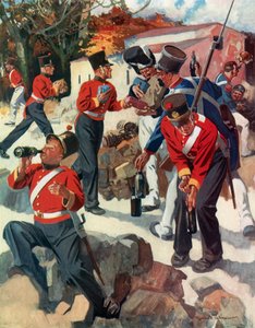Entente Cordiale - Troupes anglaises et françaises partageant des cadeaux lors de la campagne de Wellington dans la péninsule (lithographie couleur) - Reginald Thomas Cleaver