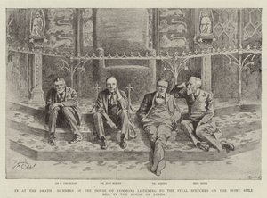 A la mort, les membres de la Chambre des Communes écoutant les discours finaux sur le Home Rule Bill à la Chambre des Lords (gravure) - Reginald Thomas Cleaver
