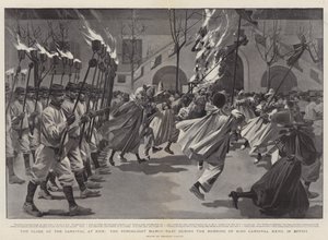 La clôture du Carnaval de Nice, le défilé aux flambeaux lors du bûcher du roi Carnaval XXVII en effigie (gravure) - Reginald Thomas Cleaver