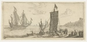 Baie avec un hoeker et un navire de guerre - Reinier Nooms