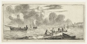 Ligne de côte avec des hommes pêchant en eau peu profonde