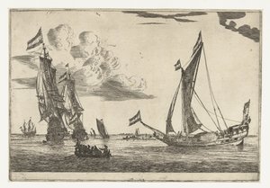 Deux navires de guerre et un yacht (treize scènes avec des navires) - Reinier Nooms