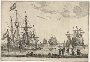 Quatre voiliers derrière une jetée (Treize scènes avec des navires)