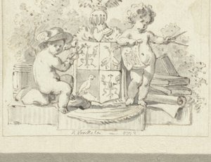 Deux putti, avec compas et caducée, près des armoiries de Schoemaker