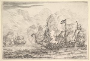 Rencontre navale avec trois navires à droite, des Batailles navales Nieuwe Scheeps Bat..., 1652-54 - Reinier Zeeman