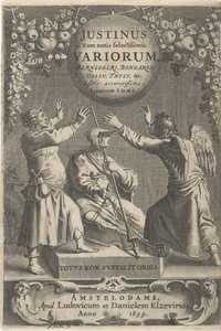 Minerva et deux figures enchaînées, page de titre pour : A. Thysius, Justinus cum notis selectissimis variorum Berneggerj, Bongarsy, Vossy, Thysy, etc., 1659 - Reinier van Persijn